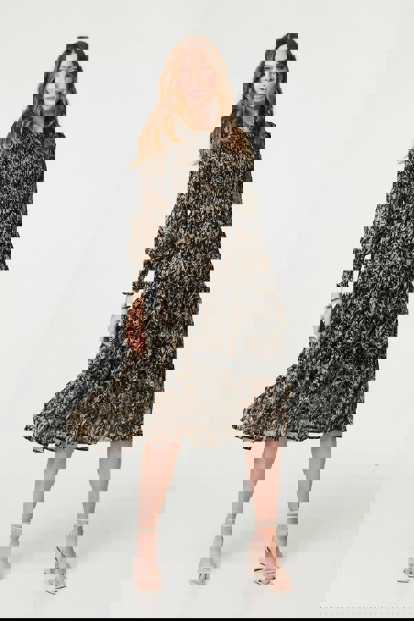 Black | Printed Long Sleeve Semi Sheer Smock Midi Dress
