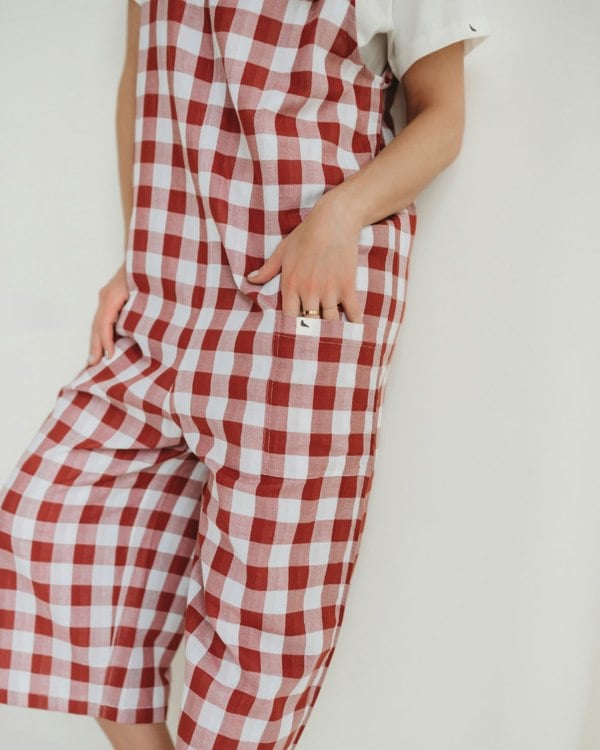 Grace Red Check Print Reversible Wide Leg Jumpsuit- image 3