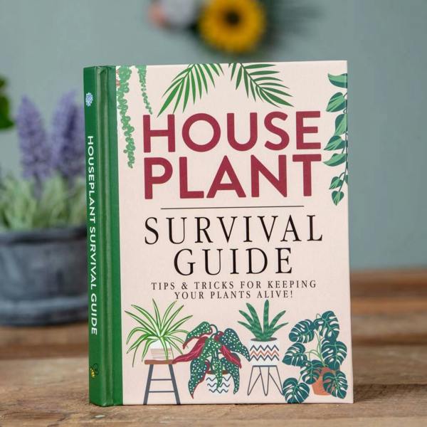 The Houseplant Survival Guide book featuring illustrated indoor plants on a cream cover standing upright on a wooden table.