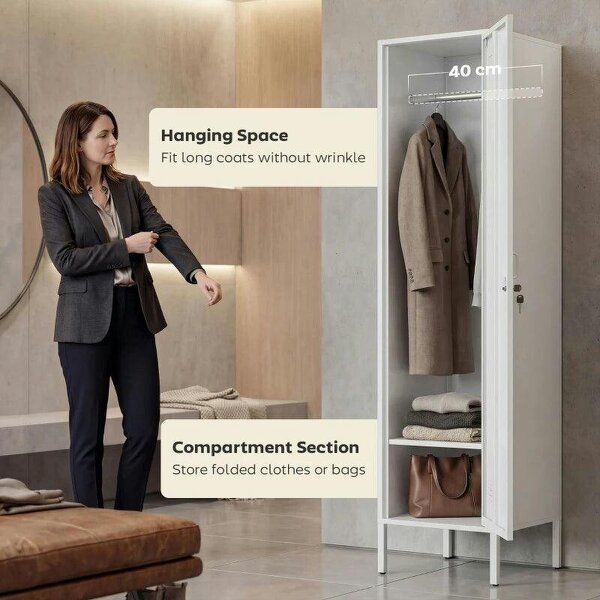 Metal Locker Cabinet with Hanging Rod, Lock and Key, Single Locker Storage Cabinet with Shelf, White