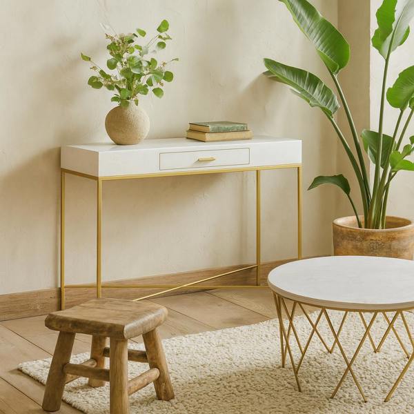 Wyld Haus Genoa White Gloss and Gold Console Table with Drawer