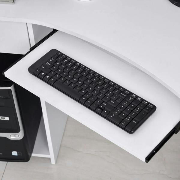 White pull-out keyboard tray with black keyboard