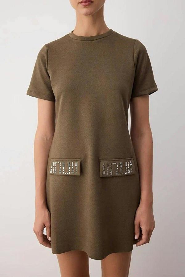 WOVCOR Crew Neck Mini Suede Knit Dress with Stone Detail
