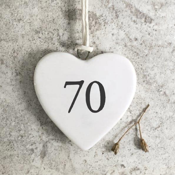 Mini Porcelain Hanging Heart – “70” Birthday Keepsake Elegant Milestone Gift