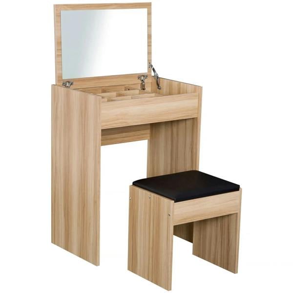 Wood vanity dressing table with flip-up mirror and padded stool, mirror open