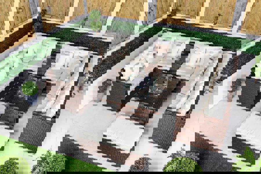 Giardino Havana 8 Seat Modular Sofa Rattan Garden Furniture Set Outdoor Drinks Cooler & Fire Pit Coffee Table, Bench