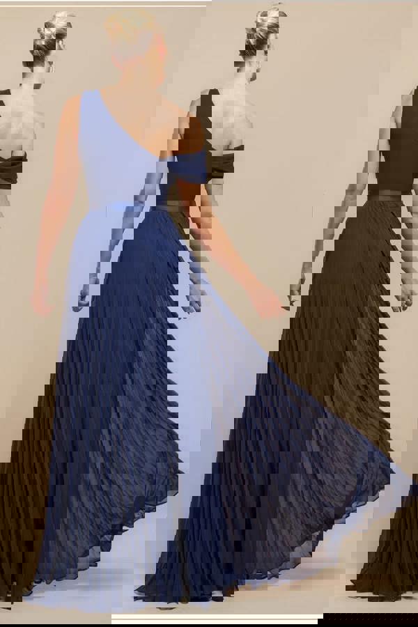 Cowl Neck One Shoulder A Line Chiffon Maxi Dress - Navy Blue DR4506