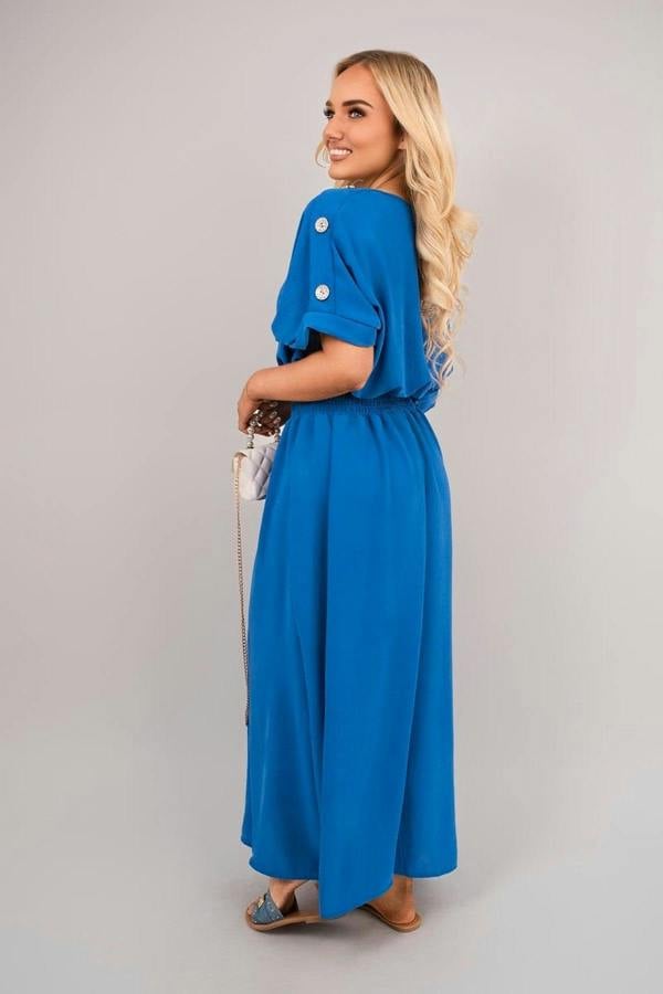 Zamara V Neck Short Sleeve Maxi Dress With Button Detail - Royal