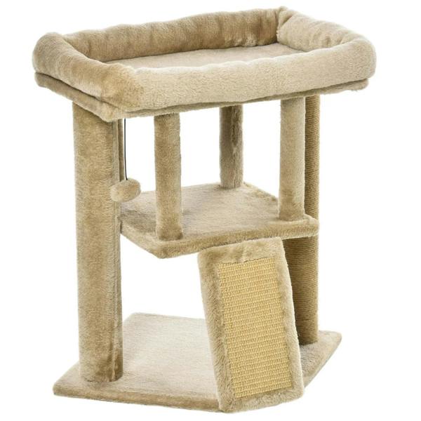Brown cat tree tower with plush top bed, lower platform, and rectangular jute scratching pad