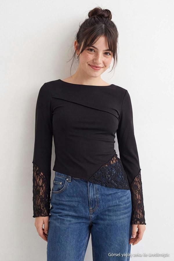 WOVCOR Boat Neck Spanish Sleeve Lace Detail Fitted Blouse