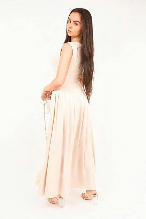 Tylah Short Sleeve Pleated Relaxed Maxi Dress - Beige
