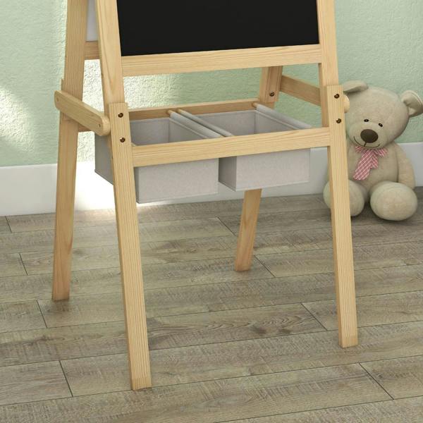 Wooden kids art easel with chalkboard top and two front storage baskets