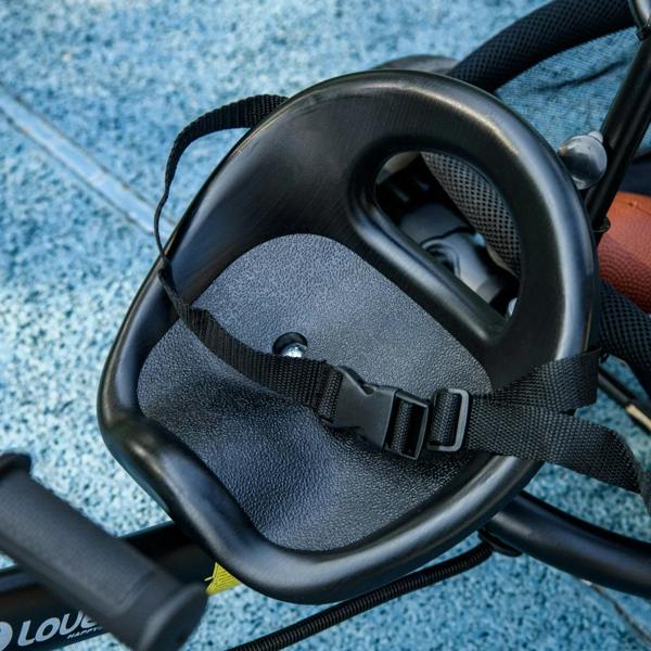 Kids trike seat with 5-point safety harness and dark blue padded seat cover