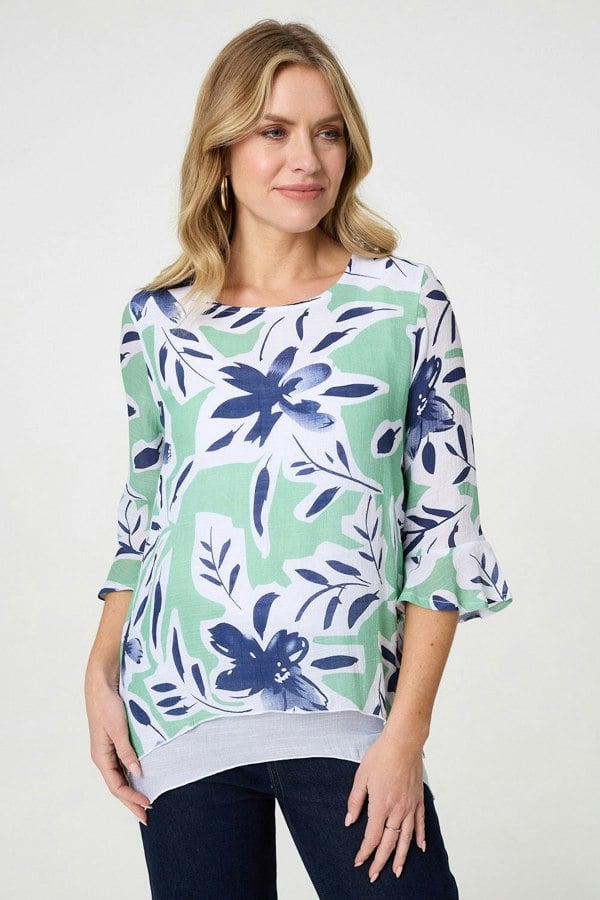 Green | Floral Print Layered Relaxed Tunic Top
