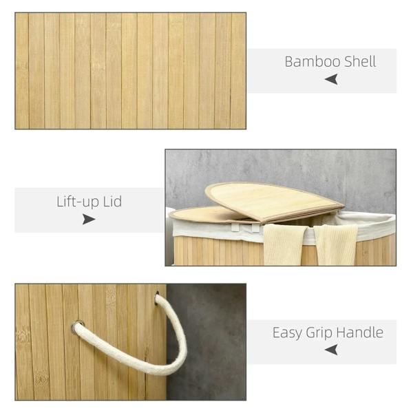 Natural bamboo laundry hamper with lift-up lid and integrated rope carry handle
