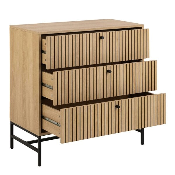 Wyld Haus Bjork Natural Oak Wood and Black Panelled Wide Chest of 3 Drawers