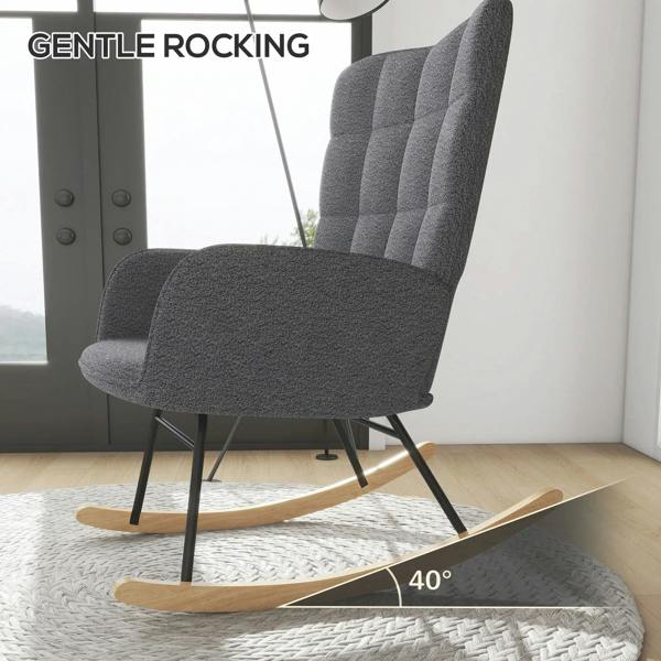 Dark grey wingback glider rocker chair with Berber fleece seat and wood rocking runners