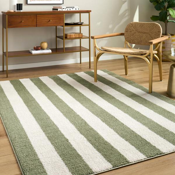 Livabliss Fossay Shag-Washable Cream Green Modern High Pile Striped Rug