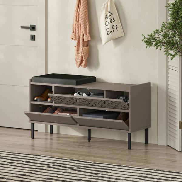 Decortie Heaton Shoe Bench w/ Fabric Cushion Seat 3-door Storage Cabinet 111(W)x37(D)x56.5(H)cm Metal Legs Hallway