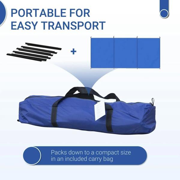 Foldable blue windbreak packed in carry bag with included poles and stakes