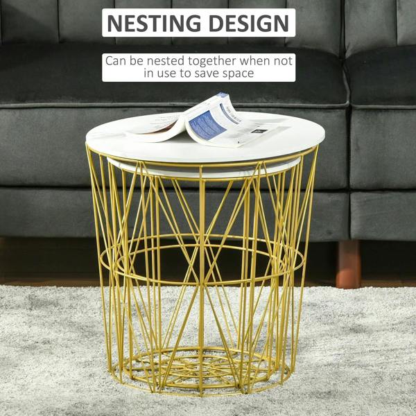 Set of 2 nesting side tables with white round tops and gold wire storage baskets