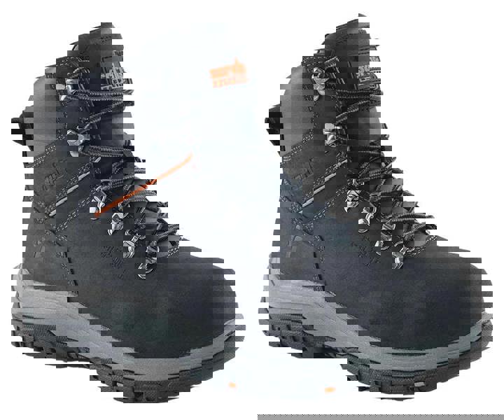 Scruffs Rafter Mens SBP Safety Steel Toe Midsole Work Ankle Boots, black hiking boot with steel toe cap, padded ankle collar, and rugged outsole for industrial work.