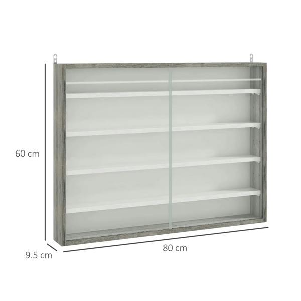 Grey wood-grain display cabinet with glass doors, adjustable shelves, 80x60 cm