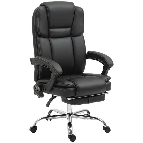 Black vibrating massage office chair with padded armrests and chrome star base