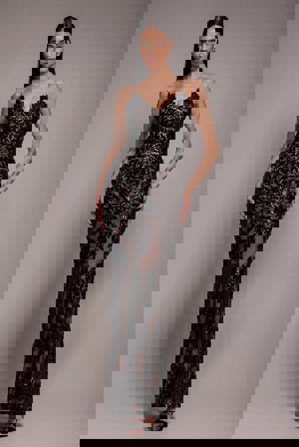 Cross Back Diamante Strap Sequin Maxi - Black DR4009