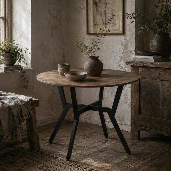 Wyld Haus Doveno Metal Brown Round Dining Table With Anti Slip Feet For Dining Areas