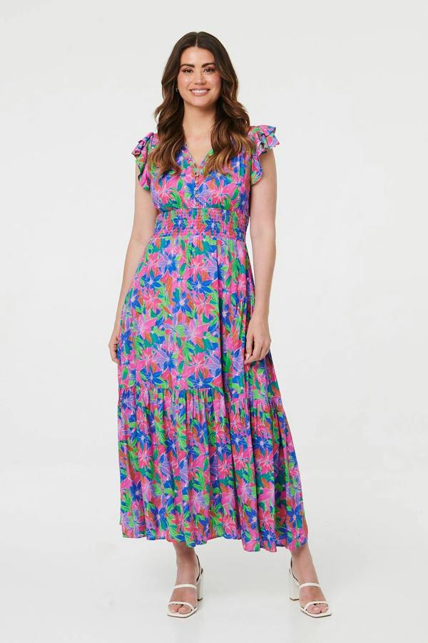 Blue | Floral Shirred Cap Sleeve Maxi Dress
