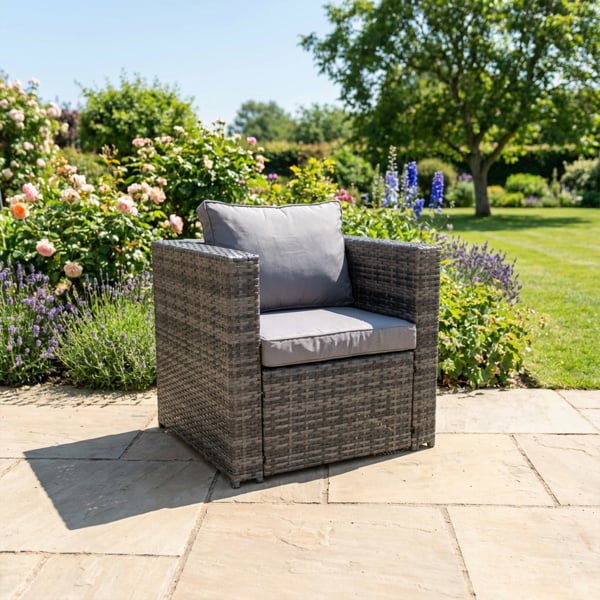 Fimous Rattan Arm Chair with Thick Cushions - Grey