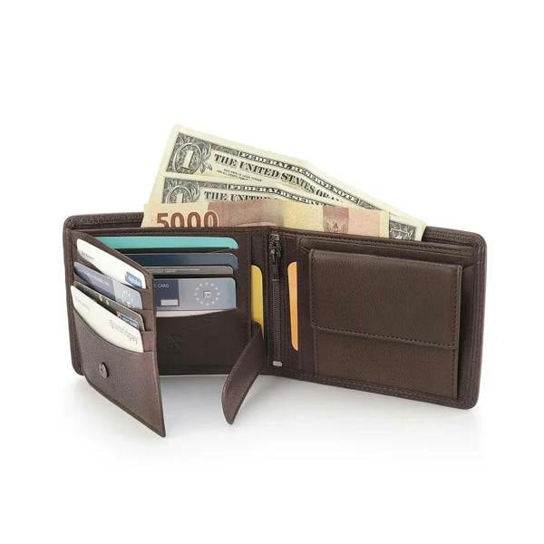 Open view of Brown Washington Bifold Leather Wallet showing multiple card compartments,note section