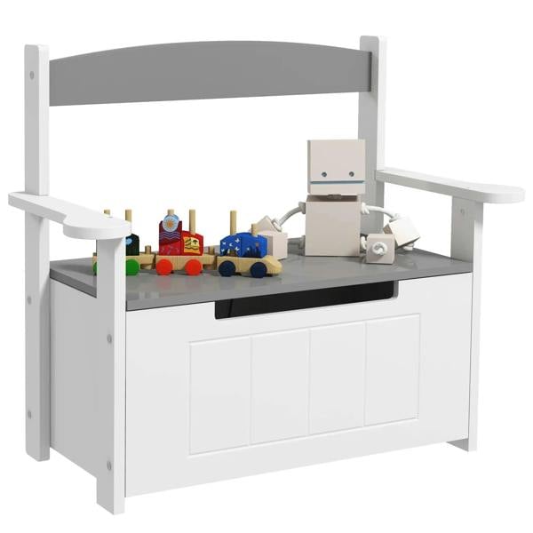 Grey and white 2-in-1 kids toy box with lift-up lid and open storage