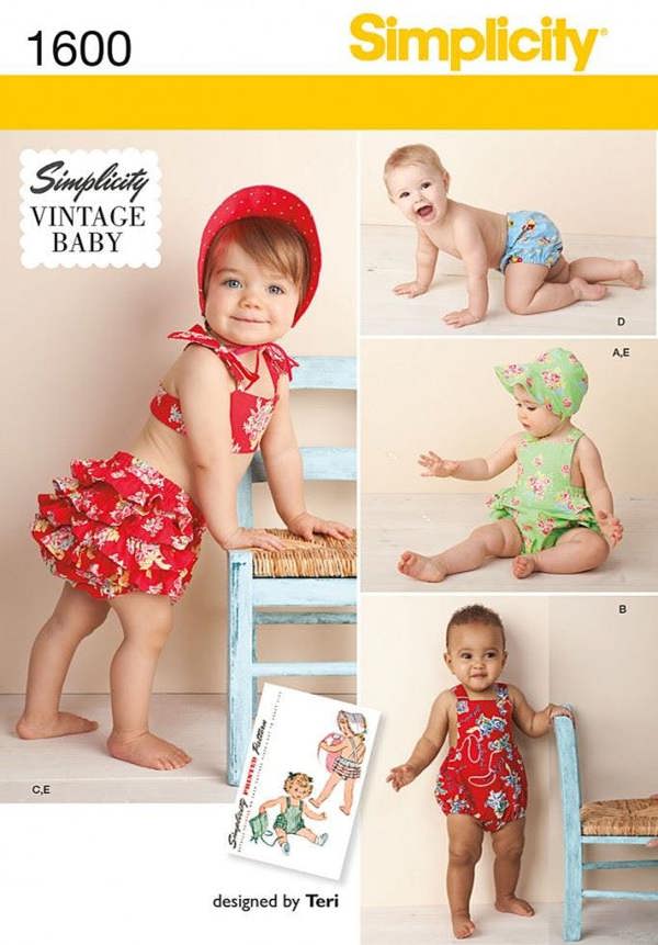 Simplicity Sewing Pattern 1600, Swimwear, Headwear, Jumpsuits, Shorts, Vintage Style for Baby, XXS-XS-S-M-L - Intermediate