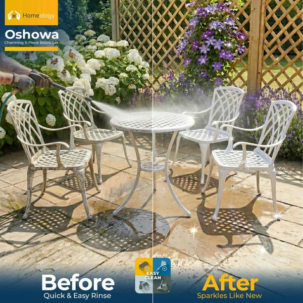 Homeology OSHOWA Luxurious Garden and Patio Table and 4 Large Chairs with Armrests Cast Aluminium Bistro Set - White with Black Cushions