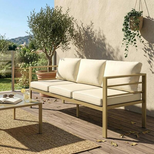 Garden Bench with Cushions, 3-Seater Sofa with Backrest, Armrest and Back Cushions, 185 x 66 x 64cm, Cream White