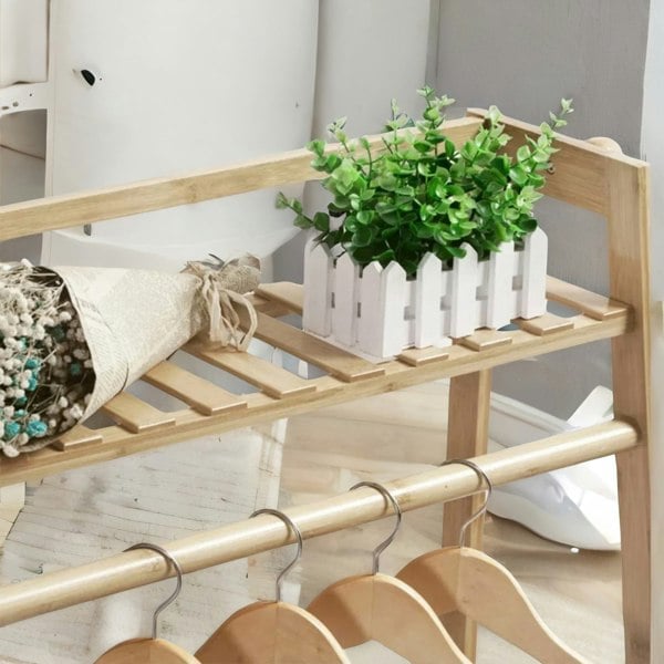BMBO Wooden Open Wardrobe Garment Rail With Storage Shelf Natural Brown
