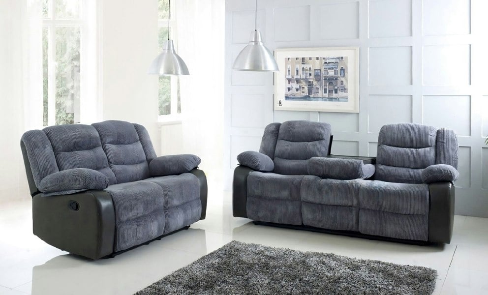 Roma Jumbo Cord with Leather Sofa 3+2 Seater Fabric Recliner Sofa in Grey with Black