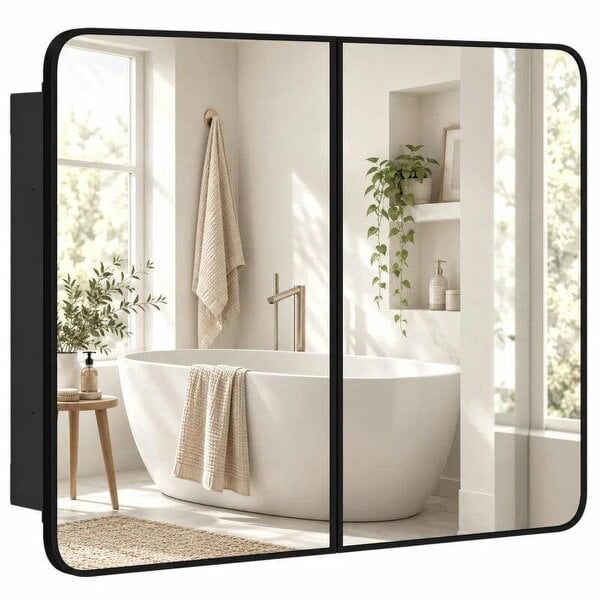 76.2 x 11.6 x 61 cm Bathroom Mirror Cabinet, Wall Cabinet with Adjustable Shelves, Wall-Mounted or Recessed, Black