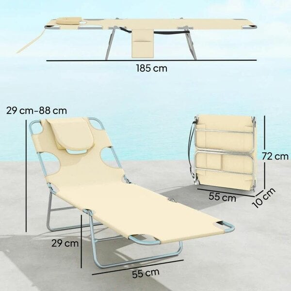 Bobobiy 5-Position Adjustable Sun Loungers Set of 2 with Reading Hole and Side Pocket, Beige