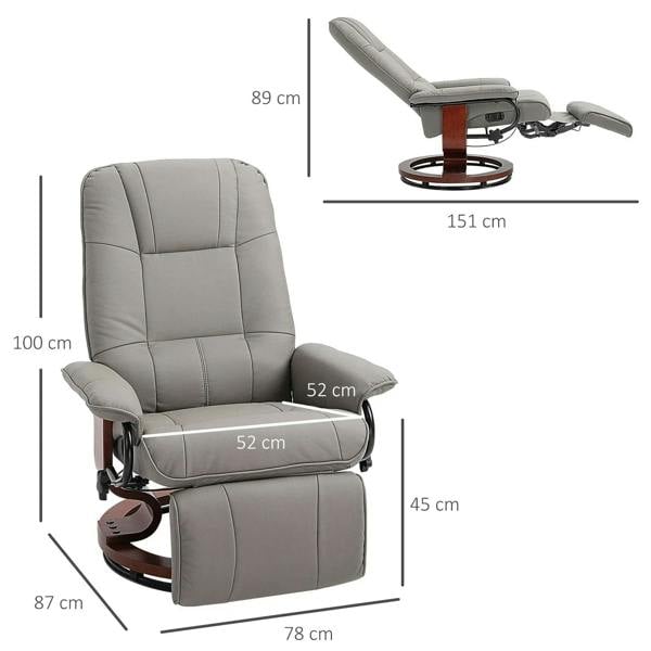 Grey reclining chair view showing cushioned back and footrest with stitched panel seams.