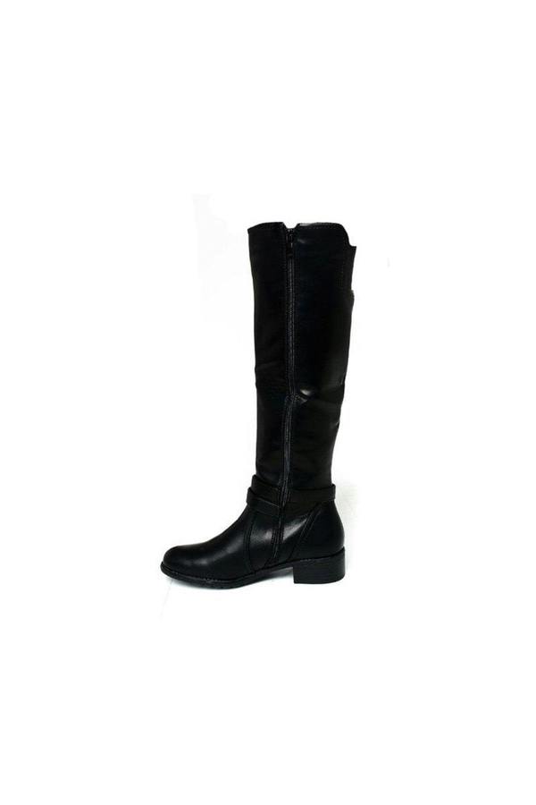 Nina Faux Leather Buckle Knee High Boots - Black