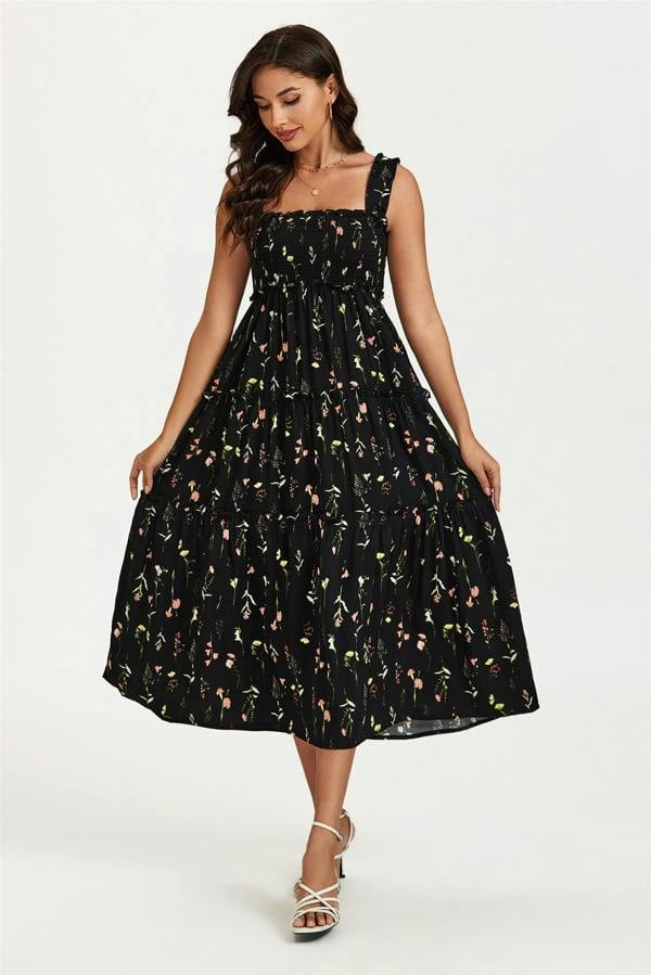 FS Collection Floral Print Hem Detail Tiered Maxi Dress In Black