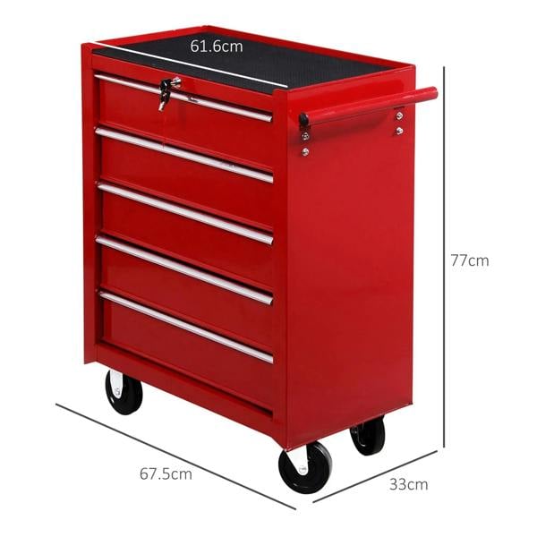 Red 5-drawer lockable tool cabinet with side handle and four caster wheels