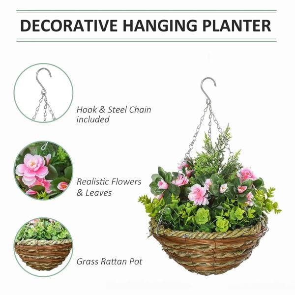 Hanging decorative planter with rattan pot, pink lisianthus flowers and green leaves