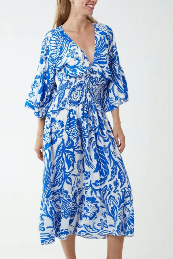 Hoxton Gal Oversized V Neck Detailed Floral Print Midi Dress in Blue and White