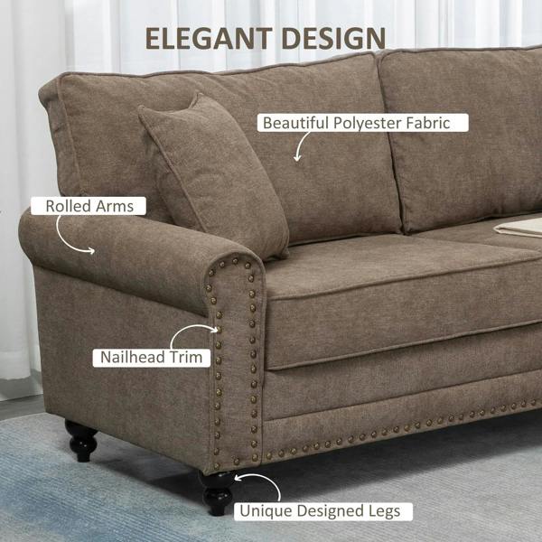 Brown fabric sofa with rolled arms, nailhead trim, and dark wooden legs