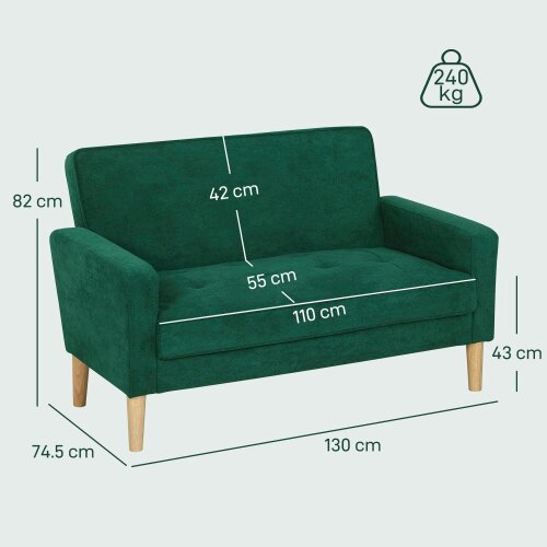 Wyld Haus Neraro Forest Green Velvet Upholstered 2 Seater Sofa Natural Wooden Legs