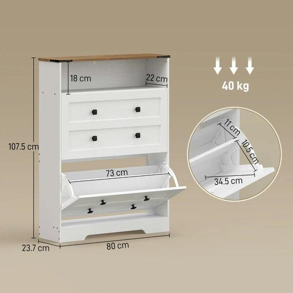 Bobobiy Shoe Cabinet with 2 Flip Drawers, Narrow Shoe Storage Cabinet, White